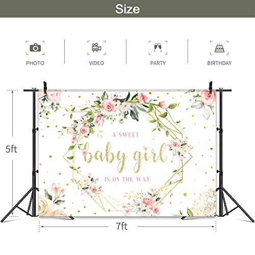 Omifly Baby Girl Backdrop for Baby Shower Floral Sweet 7x5ft Photography Wall Pink Rose Flower Green Eucalyptus Leaves Gold Dot Background Newborn Pregnancy Party Decorations Photo Booth Studio Props