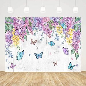 ABLIN 7x5ft Spring Butterfly Photography Backdrop for Birthday Baby Shower Party Decorations Purple Flowers Wood Background Wedding Photo Backdrop Shoot Props (CQ236)