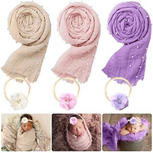 6 pcs baby props photography wrap kits, spokki 90x170cm newborn long ripple wraps with 3pcs flower girl headband classic outfits for girl princess twins birthday party