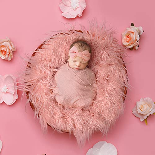 3PCS Newborn Baby Photography Props Soft Faux Fur Mat Basket Stuffer Rug Handmade Pearl Long Ripple Wrap Blanket with Headband Newborn Photo Shoot Props