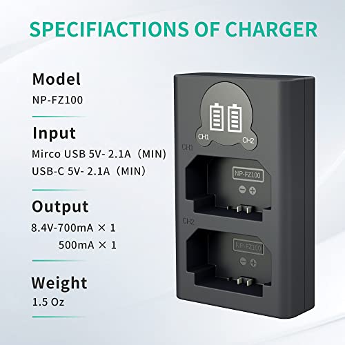 NP-FZ100 Camera Battery Charger, LP Dual USB Charger with LCD Display, Compatible with Sony A6600 A9 A9R A9S A9II A7C A7S A7SIII A7III A7RIII A7RIV A7IV Cameras, Charging Station for Sony NP-FZ100