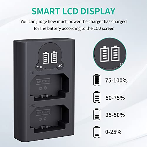 NP-FZ100 Camera Battery Charger, LP Dual USB Charger with LCD Display, Compatible with Sony A6600 A9 A9R A9S A9II A7C A7S A7SIII A7III A7RIII A7RIV A7IV Cameras, Charging Station for Sony NP-FZ100