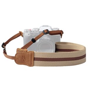 Beige Striped Camera Strap - Double Layer top-grain Cowhide Ends,1.5"Wide Pure Cotton Woven Camera Strap,Adjustable Universal Neck & Shoulder Strap for All DSLR Cameras,Great Gift for Photographers