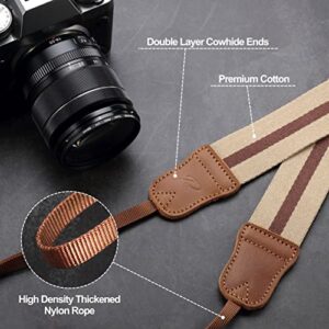 Beige Striped Camera Strap - Double Layer top-grain Cowhide Ends,1.5"Wide Pure Cotton Woven Camera Strap,Adjustable Universal Neck & Shoulder Strap for All DSLR Cameras,Great Gift for Photographers