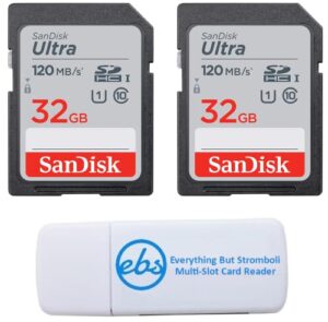sandisk 32gb sdhc sd ultra memory card (two pack) works with canon eos rebel t7, rebel t6, 77d digital camera class 10 (sdsdun4-032g-gn6in) bundle with (1) everything but stromboli combo card reader