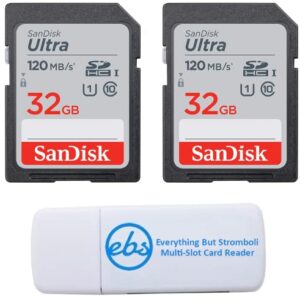 SanDisk 32GB SDHC SD Ultra Memory Card (Two Pack) Works with Canon EOS Rebel T7, Rebel T6, 77D Digital Camera Class 10 (SDSDUN4-032G-GN6IN) Bundle with (1) Everything But Stromboli Combo Card Reader