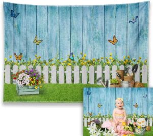 zthmoe 7x5ft fabric spring photography backdrop easter garden floral background butterfly grass blue wooden wall banner photo booth studio props