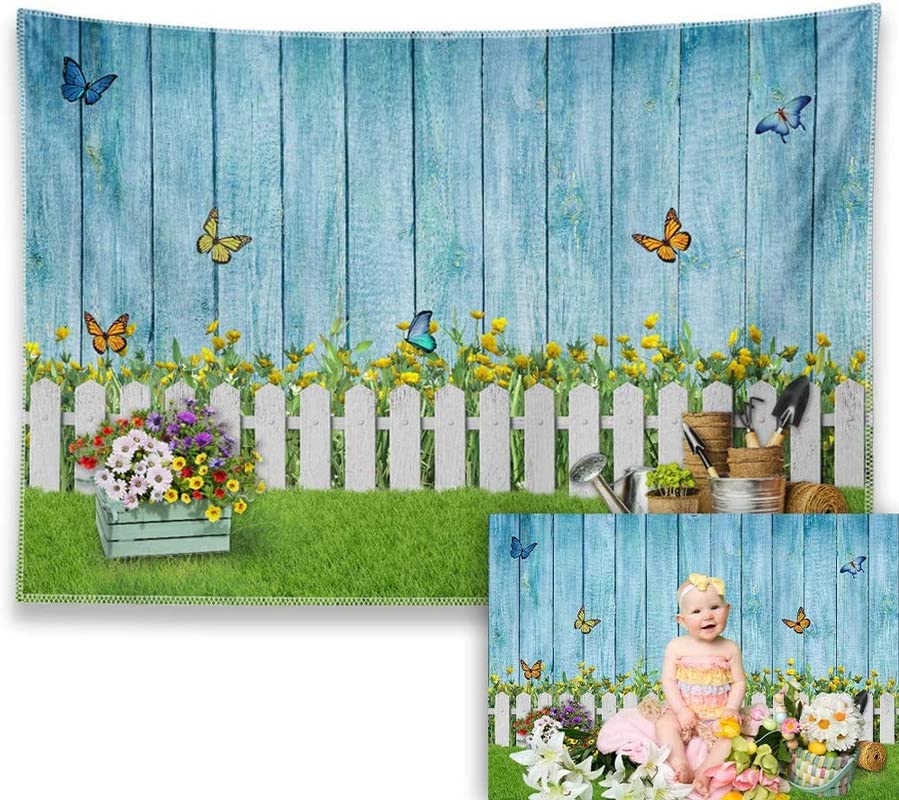 ZTHMOE 7x5ft Fabric Spring Photography Backdrop Easter Garden Floral Background Butterfly Grass Blue Wooden Wall Banner Photo Booth Studio Props