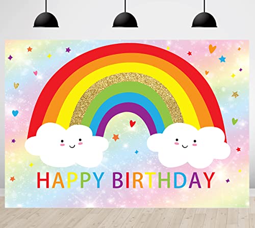 Rainbow Birthday Backdrops for Girls Bokeh Happy Birthday Party Decoration Supplies Kids Rainbow Clouds Cake Table Banner Photo Studio Props 5x3ft