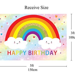 Rainbow Birthday Backdrops for Girls Bokeh Happy Birthday Party Decoration Supplies Kids Rainbow Clouds Cake Table Banner Photo Studio Props 5x3ft