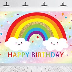 Rainbow Birthday Backdrops for Girls Bokeh Happy Birthday Party Decoration Supplies Kids Rainbow Clouds Cake Table Banner Photo Studio Props 5x3ft