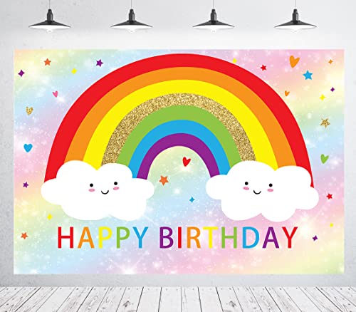 Rainbow Birthday Backdrops for Girls Bokeh Happy Birthday Party Decoration Supplies Kids Rainbow Clouds Cake Table Banner Photo Studio Props 5x3ft