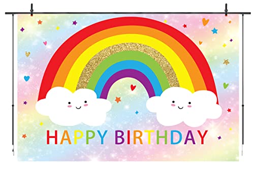 Rainbow Birthday Backdrops for Girls Bokeh Happy Birthday Party Decoration Supplies Kids Rainbow Clouds Cake Table Banner Photo Studio Props 5x3ft