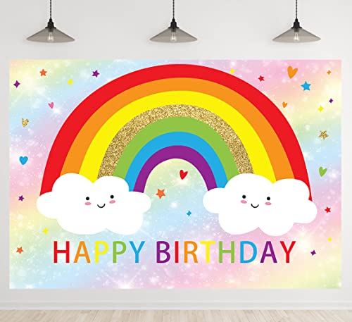 Rainbow Birthday Backdrops for Girls Bokeh Happy Birthday Party Decoration Supplies Kids Rainbow Clouds Cake Table Banner Photo Studio Props 5x3ft