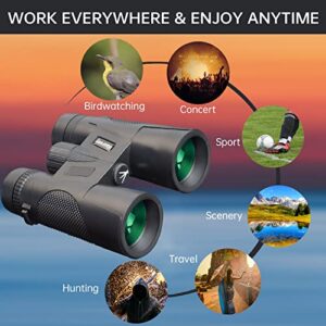 12x42 HD Binoculars for Adults with Phone Adapter and Foldable Tripod Waterproof Compact Binoculars with Large View Clear Low Light Vision High Power Binocular for Hunting Bird Watching Camping Travel