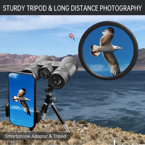 12x42 HD Binoculars for Adults with Phone Adapter and Foldable Tripod Waterproof Compact Binoculars with Large View Clear Low Light Vision High Power Binocular for Hunting Bird Watching Camping Travel