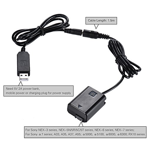 NP-FW50 Dummy Battery with DC Power Bank USB Adapter Cable Replacement for AC-PW20 Compatible with Sony NEX-3/5/6/7 Series A33 A37 A35 A55 a7 a7R a7II A6000 A6300