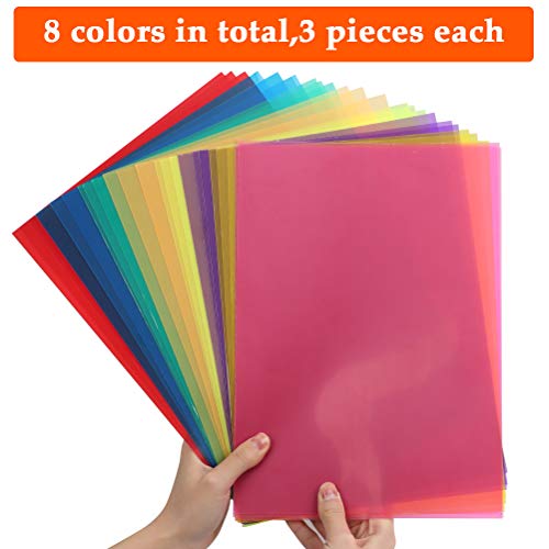 BUYGOO 24Pcs Transparent Color Correction Lighting Gel Filter - Colored Gel Light Filter Plastic Sheet, 8.5 x 11 Inch, 8 Assorted Colors