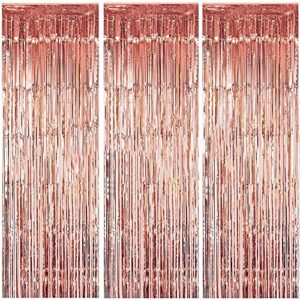 3 packs 3.2ft x 6.6ft rose gold metallic tinsel foil fringe curtains photo booth props for birthday wedding engagement bridal shower baby shower bachelorette holiday celebration party decorations