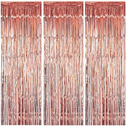 3 Packs 3.2ft x 6.6ft Rose Gold Metallic Tinsel Foil Fringe Curtains Photo Booth Props for Birthday Wedding Engagement Bridal Shower Baby Shower Bachelorette Holiday Celebration Party Decorations