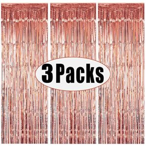 3 Packs 3.2ft x 6.6ft Rose Gold Metallic Tinsel Foil Fringe Curtains Photo Booth Props for Birthday Wedding Engagement Bridal Shower Baby Shower Bachelorette Holiday Celebration Party Decorations