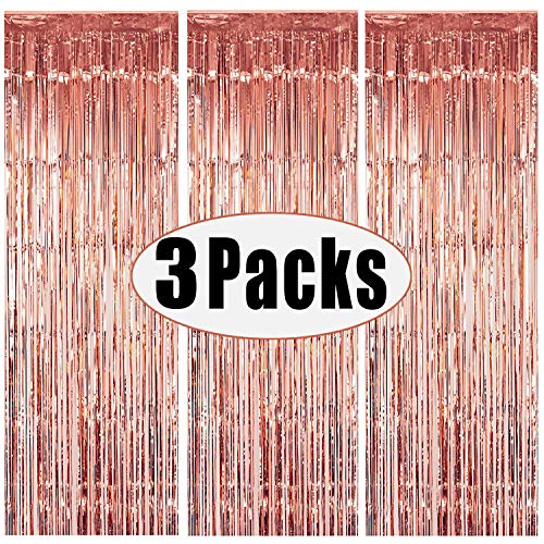 3 Packs 3.2ft x 6.6ft Rose Gold Metallic Tinsel Foil Fringe Curtains Photo Booth Props for Birthday Wedding Engagement Bridal Shower Baby Shower Bachelorette Holiday Celebration Party Decorations
