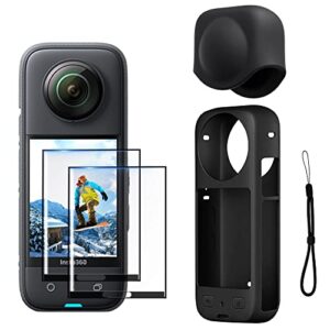 cynova insta 360 x3 accessories kit, lens cap silicone case with 2 pcs tempered glass for insta360 x3 protector bundles (black)