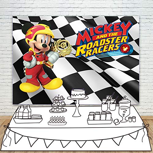 Mickey and the Roadster Racers Background for Photography 7x5ft Black and White Chequered Flag Race Car Themed Photography Backdrop