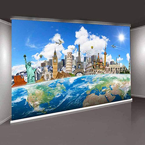 World Map Global Travel Backdrop 7x5ft Worldwide Famous Landmark Buildings Photography Background Newyork and Paris Eiffel Tower Backdrop Wallpaper Photo Booth Studio Props CHE005 LELEZ