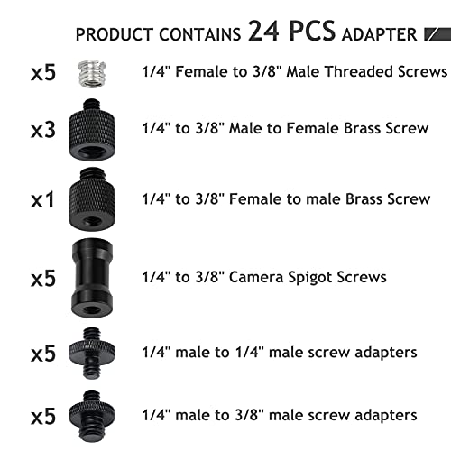 24 Pcs Camera Screw Adapter 1/4 to 1/4 and 1/4 to 3/8 Tripod Mount Converter Set for Camera Mount, Monopod, Ballhead, Flash Light Stand Frgyee