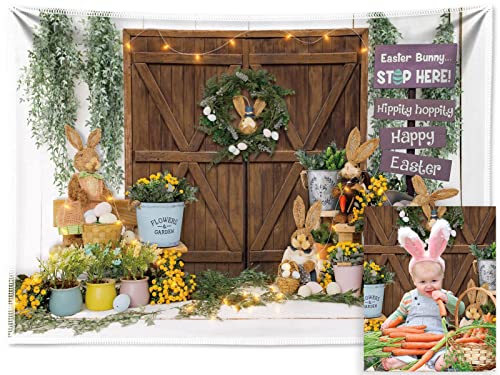 Seasonwood 7x5ft Fabric Spring Easter Backdrops for Photography No Wrinkles Wood Floor Bunny Rabbit Eggs barn Background Kids Baby Portrait Banner Photo Decor Photoshoot Prop Props Favors