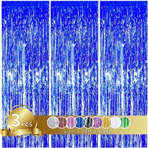 3Pcs Blue Metallic Tinsel Foil Fringe Curtains,3.28ft x 6.56ft Blue Photo Booth Backdrop Streamer Curtain,Photo Booth Props,Ideal Bachelorette Party Supplies,Birthday,Christmas,New Year Decorations