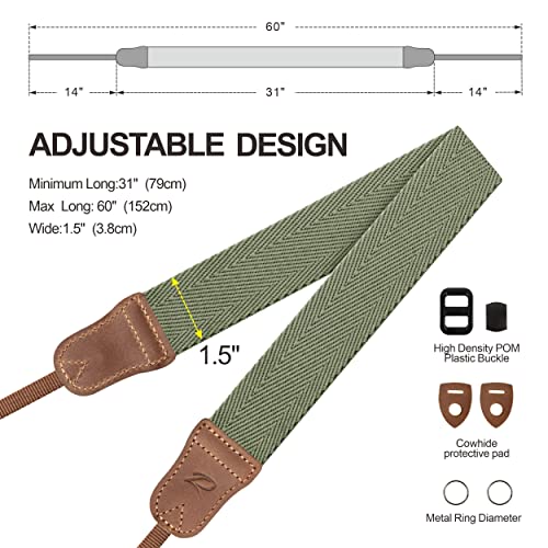 Light Green Camera Strap - Double Layer top-grain Cowhide Ends,1.5"Wide Pure Cotton Woven Camera Strap,Adjustable Universal Neck & Shoulder Strap for All DSLR Cameras,Great Gift for Photographers