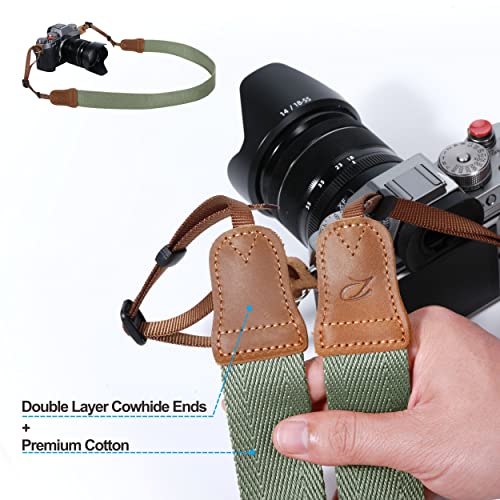 Light Green Camera Strap - Double Layer top-grain Cowhide Ends,1.5"Wide Pure Cotton Woven Camera Strap,Adjustable Universal Neck & Shoulder Strap for All DSLR Cameras,Great Gift for Photographers
