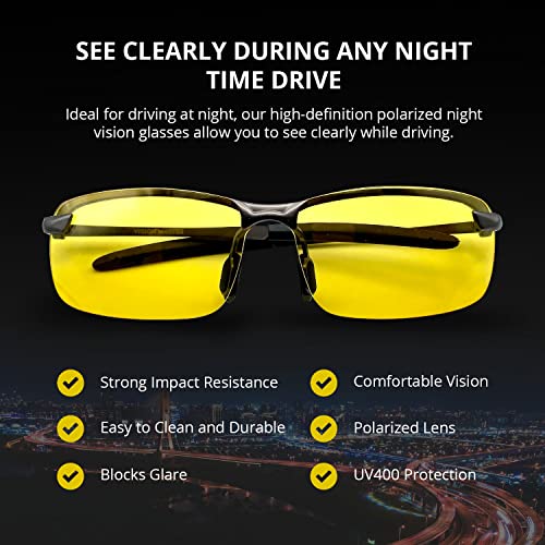 KiKS Products Night Driving Glasses for Men, Polarized Night Vision Glasses For Men, Risk-Reducing Anti-Glare Glasses With UV400 Polarized Lens Sport Frame with Microfiber Storage Bag