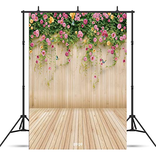 WOLADA 5x7FT Flower Wall Backdrop Spring Backdrop Spring Floral Photo Backdrop Brown Wood Plank Flower Wall Photography Backdrop Girl Birthday Party Wedding Shower Photography Background 8909