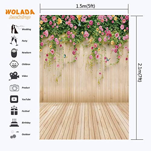 WOLADA 5x7FT Flower Wall Backdrop Spring Backdrop Spring Floral Photo Backdrop Brown Wood Plank Flower Wall Photography Backdrop Girl Birthday Party Wedding Shower Photography Background 8909