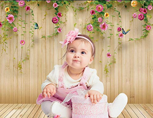 WOLADA 5x7FT Flower Wall Backdrop Spring Backdrop Spring Floral Photo Backdrop Brown Wood Plank Flower Wall Photography Backdrop Girl Birthday Party Wedding Shower Photography Background 8909