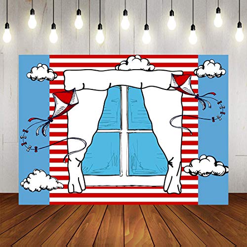 Cartoon Blue Window Backdrops for Photography Kids Birthday Party Background 5x3ft Blue Red Kite Striped Kids Party Backdrop Boys Girls 1st Birthday Decorations Cake Table Banner Photo Booth Props