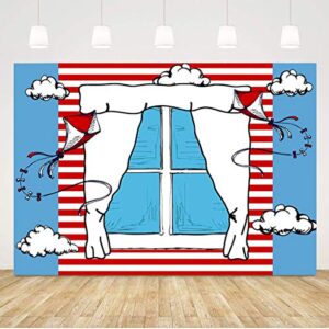 Cartoon Blue Window Backdrops for Photography Kids Birthday Party Background 5x3ft Blue Red Kite Striped Kids Party Backdrop Boys Girls 1st Birthday Decorations Cake Table Banner Photo Booth Props