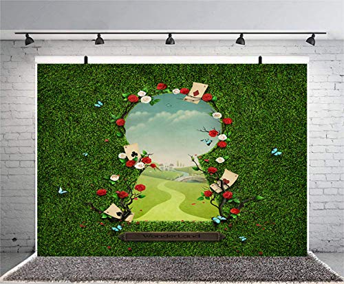 Sensfun 7x5ft Wonderland Photography Backdrop Fantasy Fairy Tale Green Grass Gate Wonderland Photo Background for Girls Baby Shower Birthday Tea Party Decorations Portrait Photo Booth Props (SXY1326)