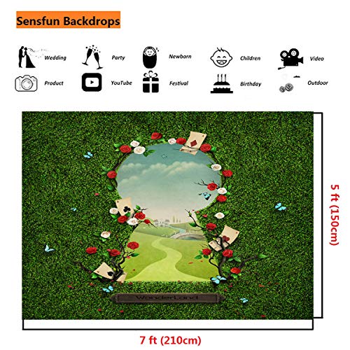 Sensfun 7x5ft Wonderland Photography Backdrop Fantasy Fairy Tale Green Grass Gate Wonderland Photo Background for Girls Baby Shower Birthday Tea Party Decorations Portrait Photo Booth Props (SXY1326)