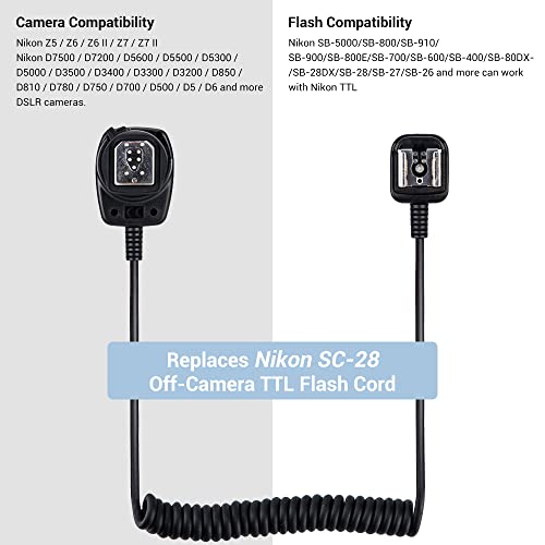 Flash TTL Cord JJC Off-Camera Flash Hot Shoe Cord for Nikon Z5 Z6 Z6II Z7 Z7II D6 D5 D780 D850 D810 D750 D500 D7500 D7200 D5600 D5500 D5300 D3500 D3400 Replaces Nikon SC-28 Cord -1.3m