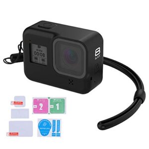 larrits protective silicone sleeve case + silicone lanyard + glass screen and lens protector for gopro hero 8 black (black)
