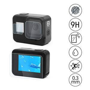 LARRITS Protective Silicone Sleeve Case + Silicone Lanyard + Glass Screen and Lens Protector for GoPro Hero 8 Black (Black)