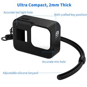 LARRITS Protective Silicone Sleeve Case + Silicone Lanyard + Glass Screen and Lens Protector for GoPro Hero 8 Black (Black)