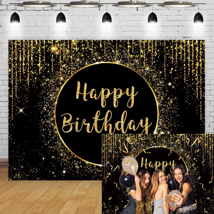 Maijoeyy 7x5ft Black Gold Happy Birthday Backdrop Golden Sparkle Shining Dots Photography Background Glitter Bokeh Sequin Spots Backdrop for Women Men Birthday Party Decoration Banner