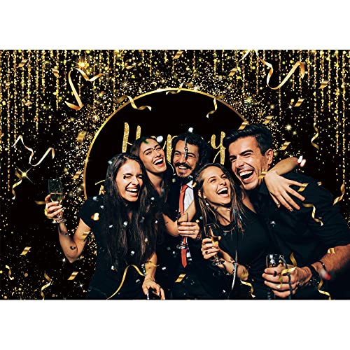 Maijoeyy 7x5ft Black Gold Happy Birthday Backdrop Golden Sparkle Shining Dots Photography Background Glitter Bokeh Sequin Spots Backdrop for Women Men Birthday Party Decoration Banner