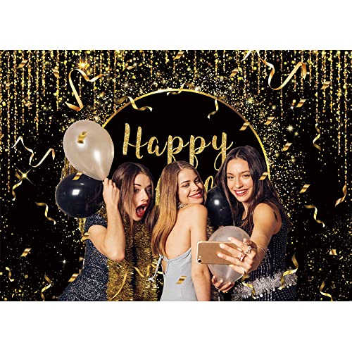 Maijoeyy 7x5ft Black Gold Happy Birthday Backdrop Golden Sparkle Shining Dots Photography Background Glitter Bokeh Sequin Spots Backdrop for Women Men Birthday Party Decoration Banner