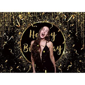 Maijoeyy 7x5ft Black Gold Happy Birthday Backdrop Golden Sparkle Shining Dots Photography Background Glitter Bokeh Sequin Spots Backdrop for Women Men Birthday Party Decoration Banner